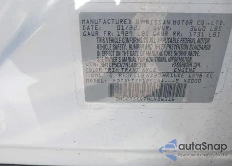 2022 Nissan Kicks Sv Xtronic Cvt z USA, uszkodzony, nr VIN 3N1CP5CV7NL486316